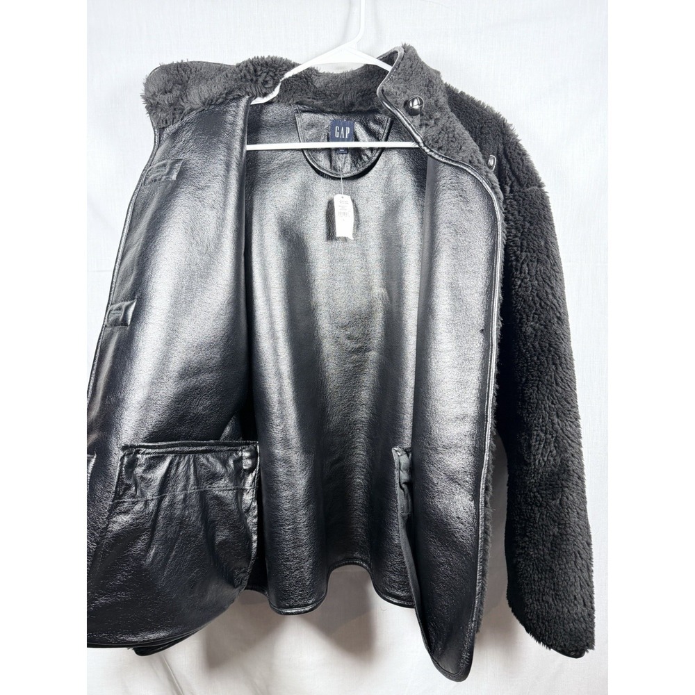 GAP Recycled Sherpa Vegan Leather Trim Jacket Womens L Black Cozy Coat - Picture 10 of 15